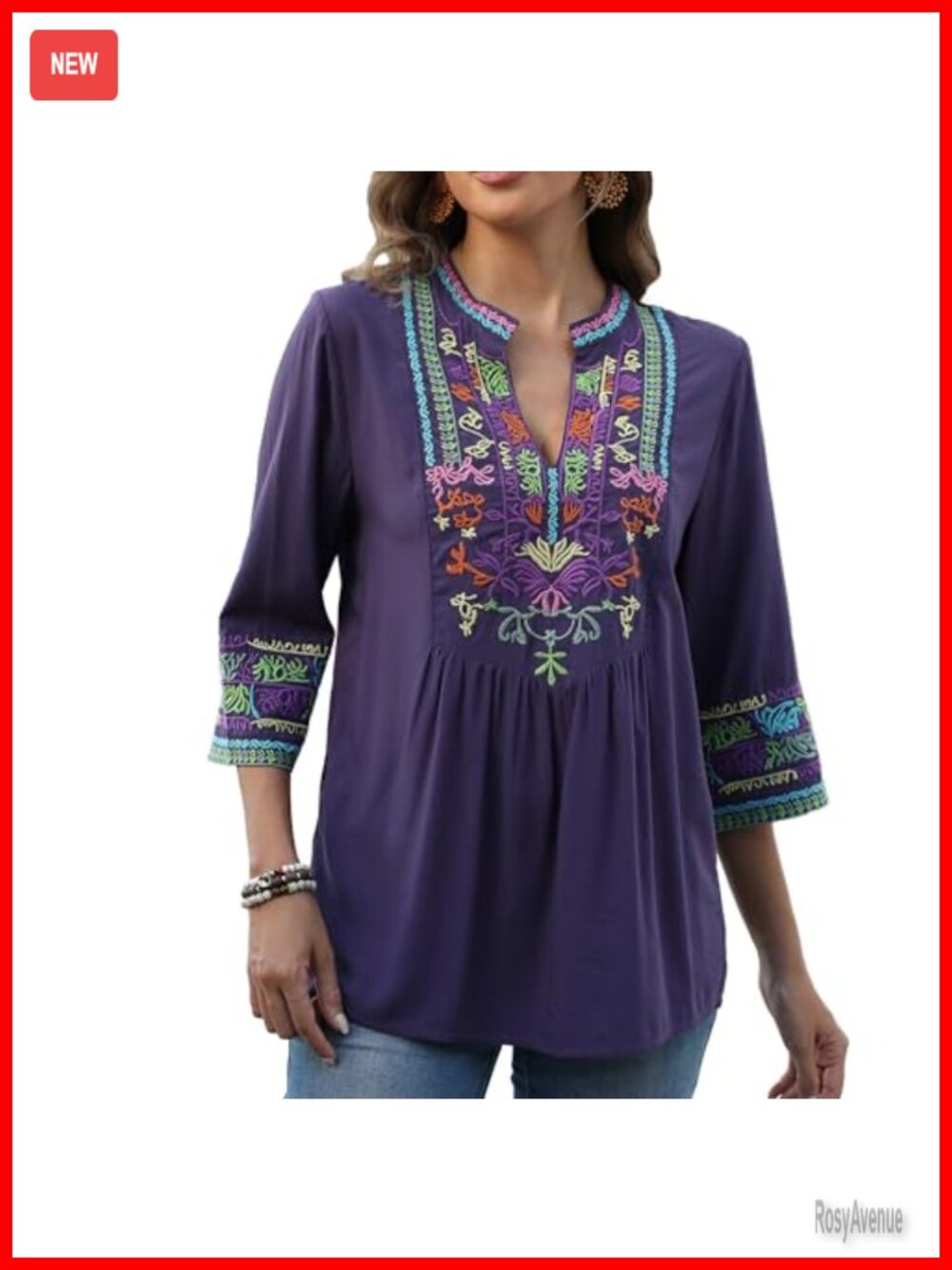 Floral Embroidered Peasant Blouse Boho Tunic 3/4 Sleeve V-Neck Rayon Top